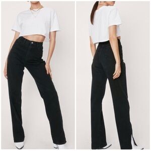 NWT Nasty Gal Organic Denim Split Hem Jeans Black High Rise Rigid Cotton Sz 6